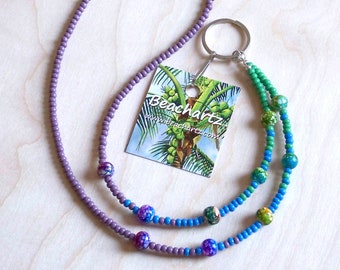 Boho Beaded Lanyard, Beach Lanyard, Boho Lanyard, Beaded I.D. Badge Holder, Multi Color Lanyard, Purple Blue Green Beaded Lanyard