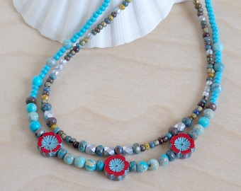 Beaded Layering Necklace Set: Red Coral, Turquoise & Blue Jasper