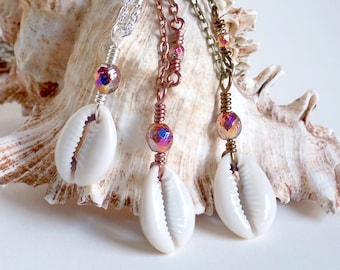 Wire Wrapped Cowrie Shell Pendant Necklace: Boho Beach Jewelry