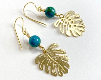 Monstera Leaf Earrings: Gold Brass, Chrysocolla Gemstone, Tropical Plant Lover Gift