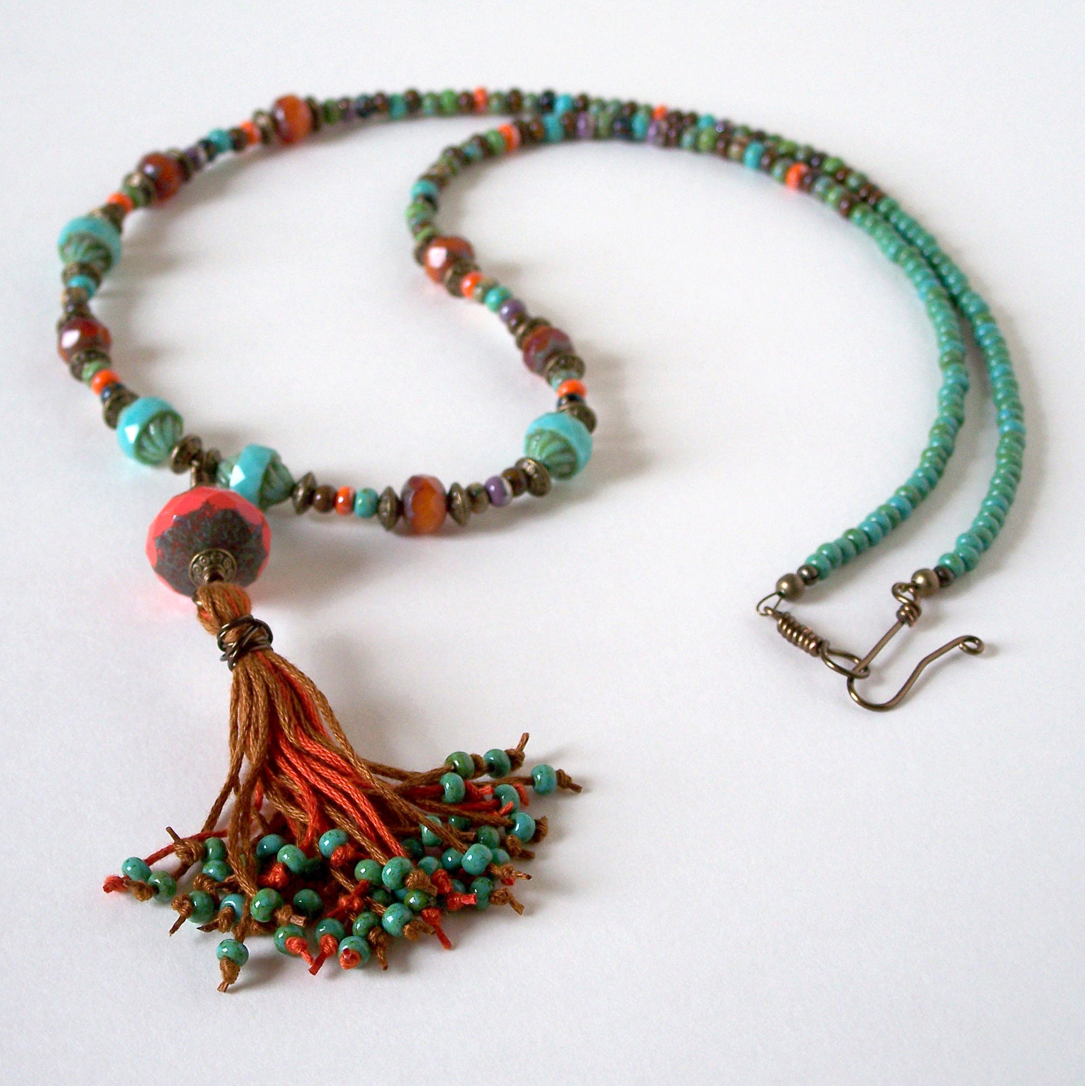 Boho Beaded Tassel Necklace, Long Boho Tassel Necklace, Turquoise Coral