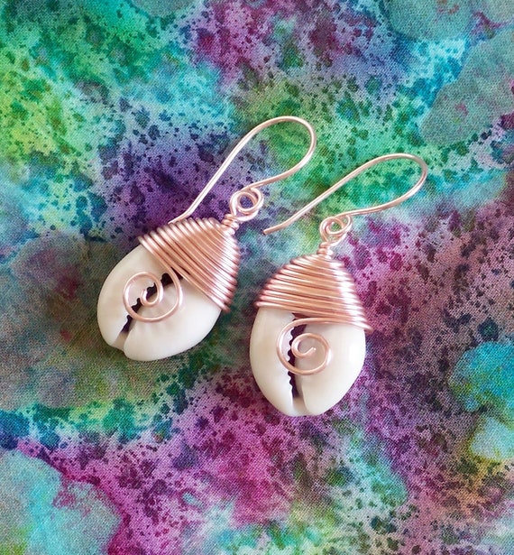 Wire Wrapped Cowrie Shell Earrings, Beach Cowrie Shell Earrings, Rose Gold Shell Earrings, Rose Gold Cowrie Shell Earrings