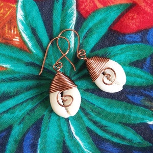 Wire Wrapped Cowrie Shell Earrings, Beach Cowrie Shell Earrings, Antique Copper Cowrie Shell Earrings