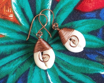 Wire Wrapped Cowrie Shell Earrings: Antique Copper Beach Jewelry