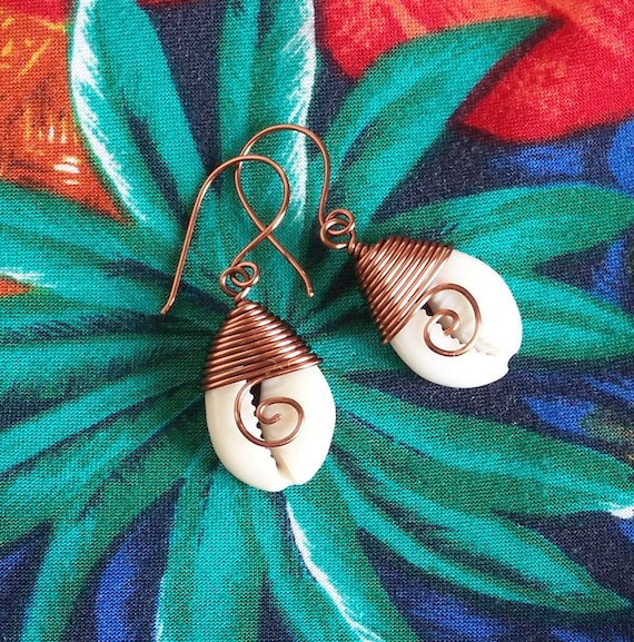 Wire Wrapped Cowrie Shell Earrings, Beach Cowrie Shell Earrings, Antique Copper Cowrie Shell Earrings