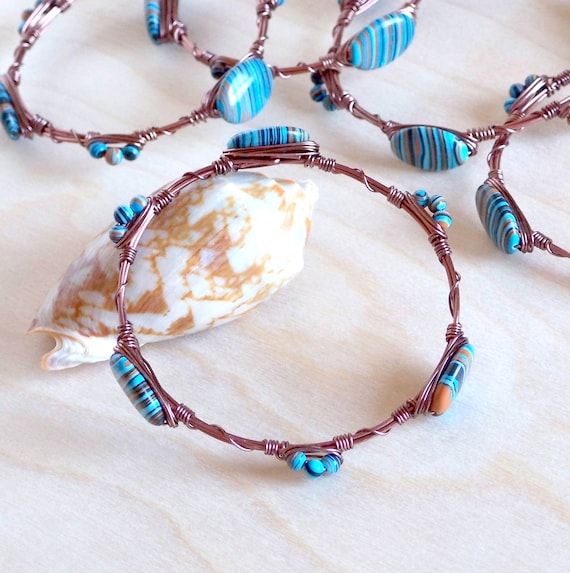 Antique Copper Wire Wrapped Bangle Bracelet, Boho Bangle Bracelet, Black Brown Turquoise Copper Bracelet
