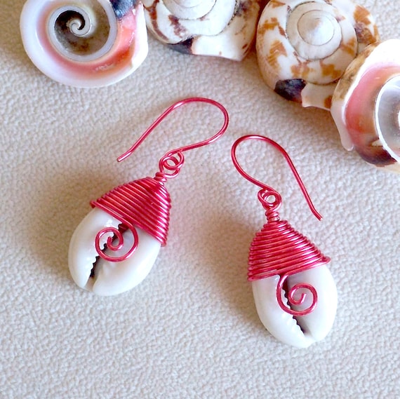 Wire Wrapped Cowrie Shell Earrings, Beach Cowrie Shell Earrings, Coral Pink Shell Earrings, Pink Flamingo Shell Earrings