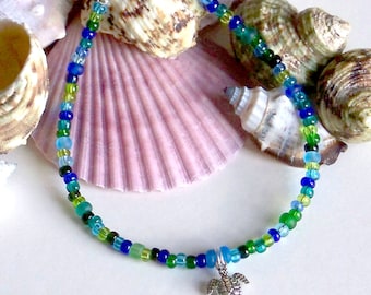 Beaded Beach Anklet with Sea Turtle Charm