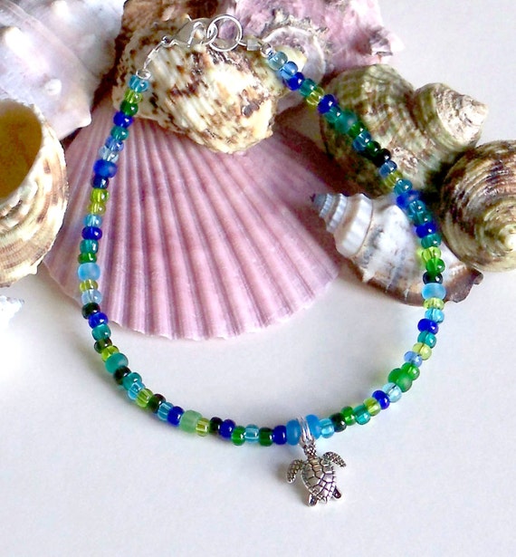 Beaded Beach Anklet with Sea Turtle Charm