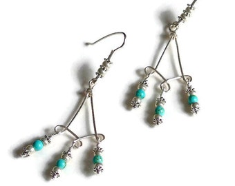 Silver and Turquoise Chandelier Earrings * Boho Chandelier Earrings * Bohemian Silver and Turquoise Green Boho Earrings