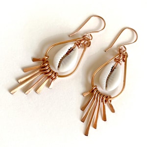 Copper Dangle Statement Earrings with Natural Cowrie Shells, Modern Boho Beach Style