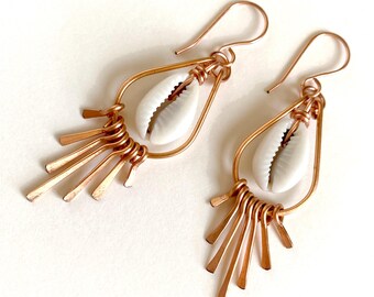 Copper Dangle Statement Earrings with Natural Cowrie Shells, Modern Boho Beach Style