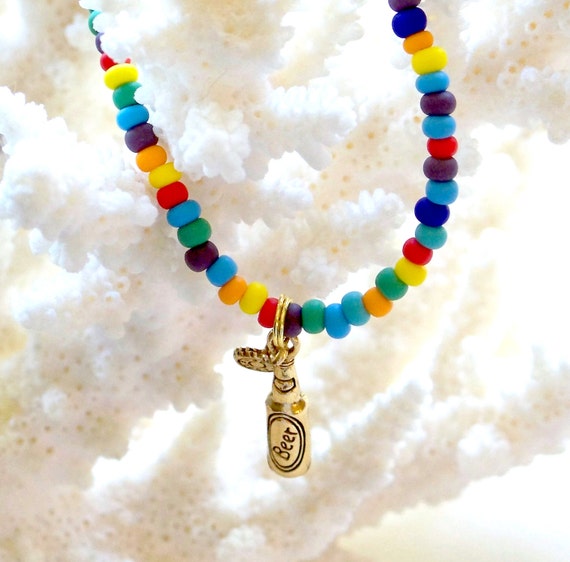 Boho Anklet, Beach Anklet, Beer Bottle Charm Beaded Anklet, Beaded Ankle Bracelet