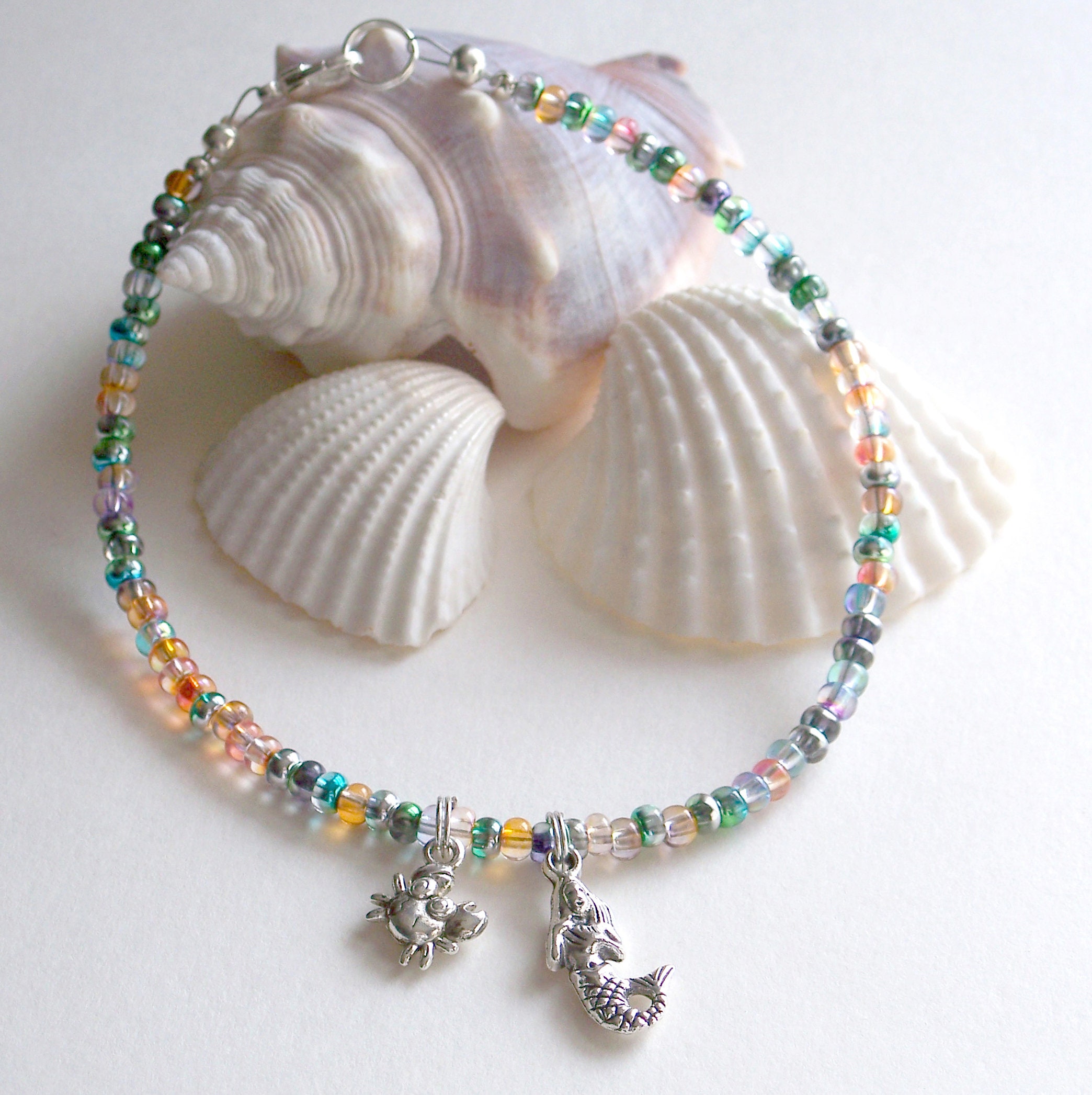 Beach Anklet, Beaded Anklet, Mermaid Anklet, Mermaid Charm, Free Gift Box