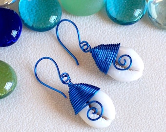 Wire Wrapped Cowrie Shell Earrings: Bahama Blue Beach Jewelry