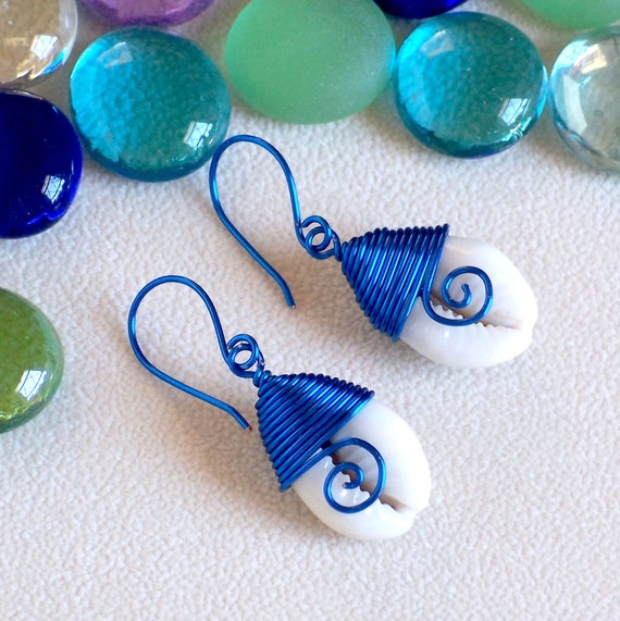 Wire Wrapped Cowrie Shell Earrings, Beach Cowrie Shell Earrings, Bahama Blue Shell Earrings