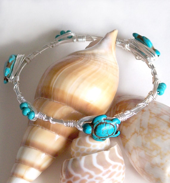 Sea Turtle Bangle Bracelet, Turquoise  Wire Wrapped Bangle Bracelet, Beach Bracelet, Boho Bracelet, Sea Turtle Bracelet