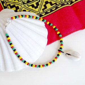 Boho Anklet, Beach Anklet, Beaded Anklet, Cowrie Shell Anklet, Red Green Black Yellow