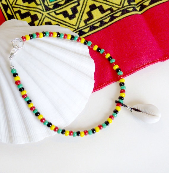 Boho Anklet, Beach Anklet, Beaded Anklet, Cowrie Shell Anklet, Red Green Black Yellow