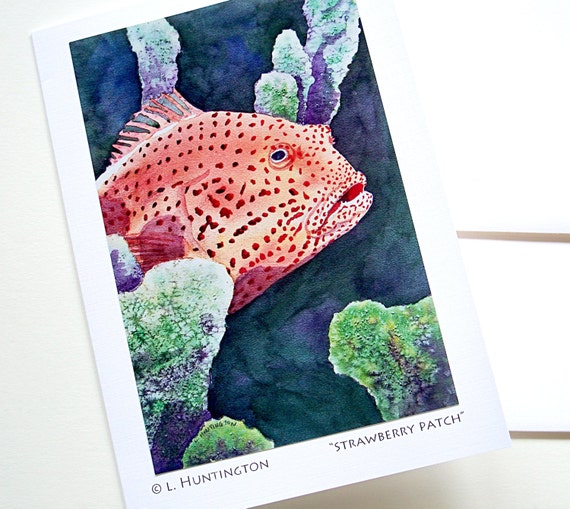Art Card, Blank Note Card by Beachartz™, "Strawberry Patch" Lisa Huntington Artist, Nautical, Tropical Art, Marine, Fishing
