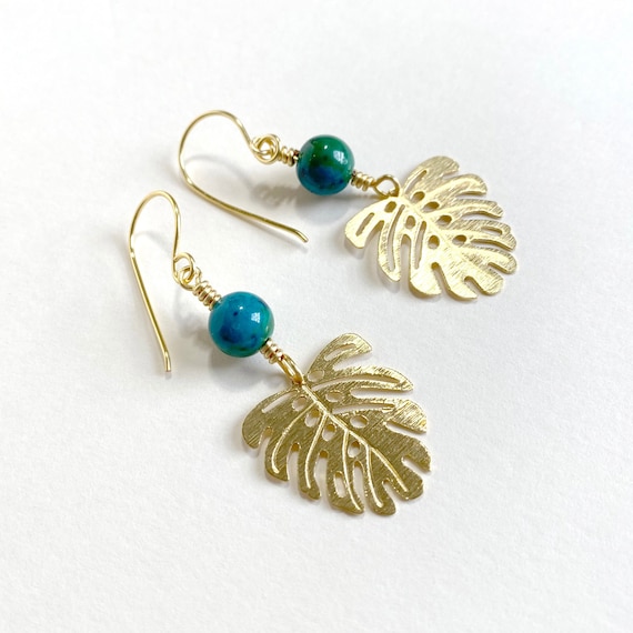 Monstera Leaf Earrings Gift for Her, Gold Brass Chrysocolla Wire Wrapped Gemstone, Beach Earrings, Tropical Earrings, Free Gift Box