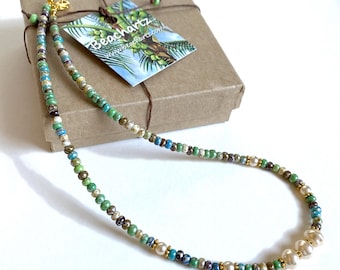 Boho Beaded Choker: Czech Glass Shimmery Necklace, Custom Length