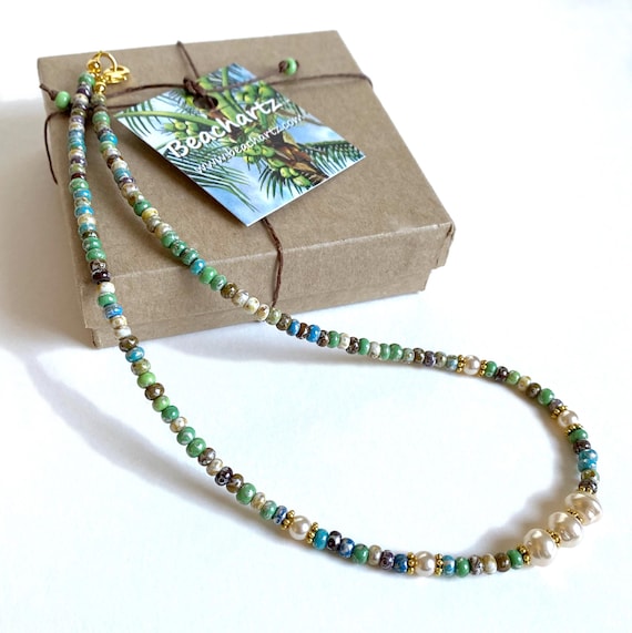 Boho Beaded Choker Shimmery Necklace with Free Gift Box, Gift for Her, Personalized Custom Length with Free Shipping!