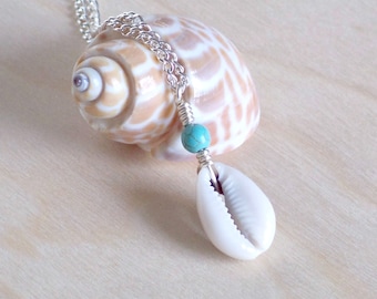 Turquoise Howlite & Cowrie Shell Necklace: Wire Wrapped Boho Pendant