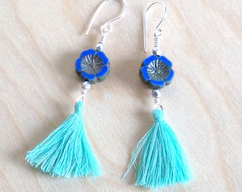 Boho Tassel Earrings: Blue Picasso Flower, Turquoise Tassels