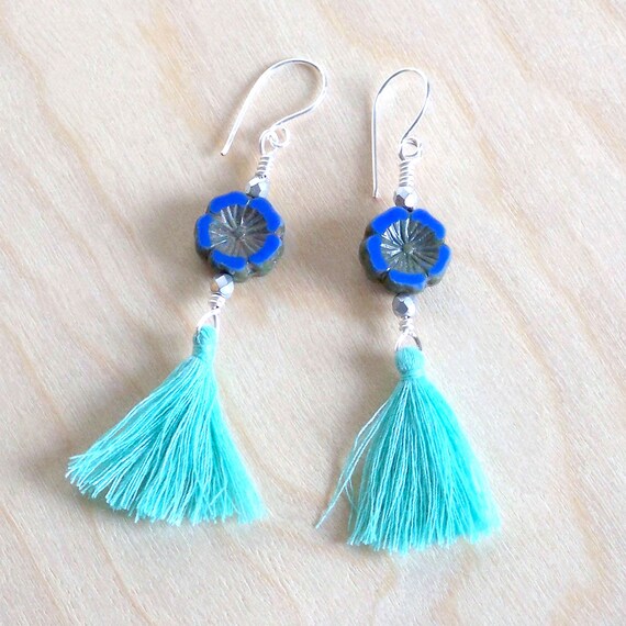 Boho Tassel Earrings, Hawaiian Flower Tassel Earrings, Blue Flower Earrings, Beach Tassel Earrings, Tropical Earrings