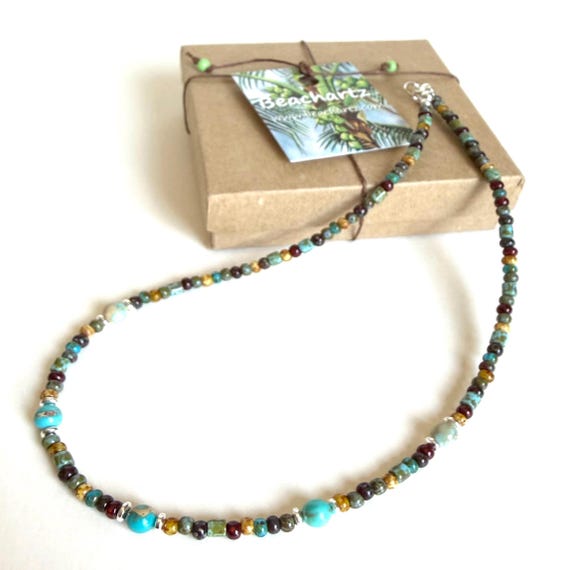 Beaded Choker Necklace Sea Sedimant Jasper and Czech Seed Beads, Boho Beaded Necklace with Free Gift Box, Gift for Her