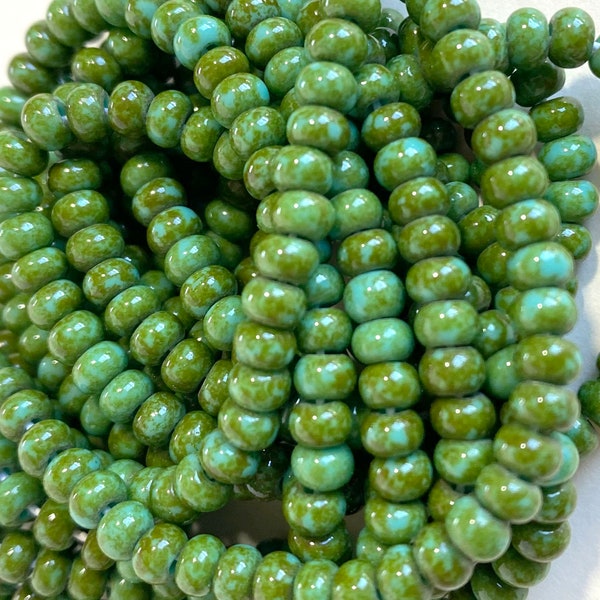 Turquoise Green Aged Picasso 6/0 Czech Glass Seed Beads, African Turquoise Finish, 4mm Preciosa