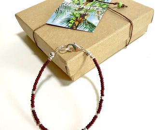 Minimalist Beaded Bracelet, Red Picasso and Hill Tribe Silver, Free Gift Box