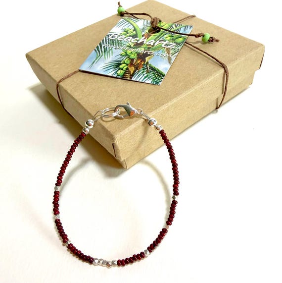 Minimalist Boho Beaded Bracelet, Red Picasso and Hill Tribe Silver, Free Gift Box