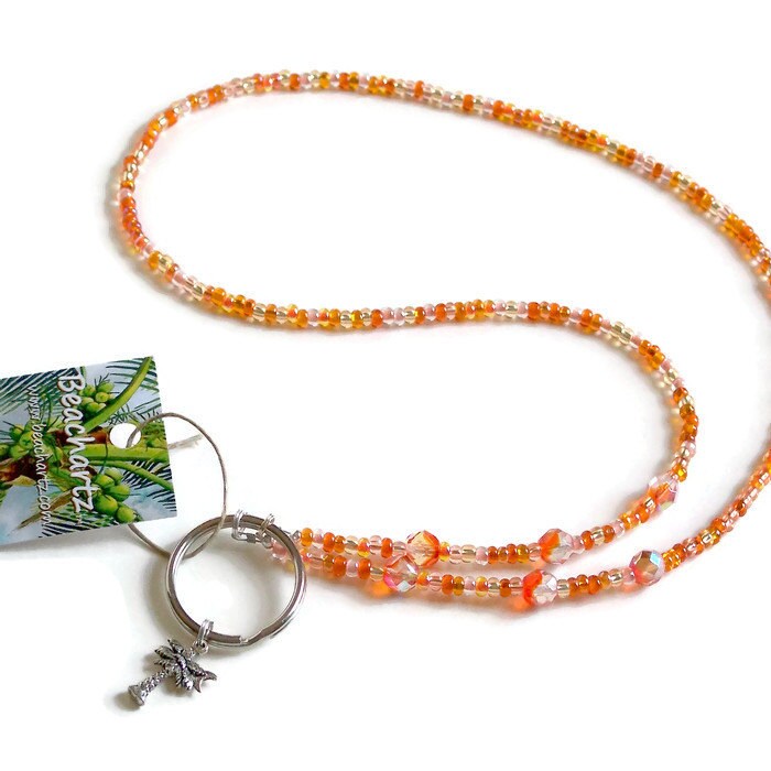Orange & Coral Beaded Lanyard, Boho Beach Lanyard, ID Badge Lanyard, Key Chain Lanyard