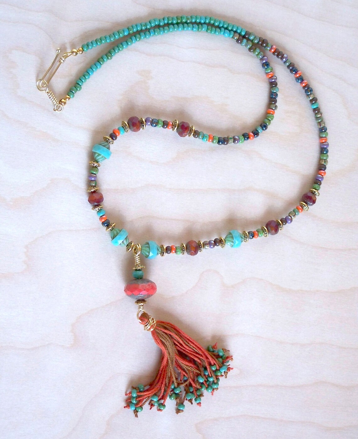 Handmade Long Wooden Bead Necklace - Ethnic Boho Hippy Accessory For Men And Women In Ivory, Brown And Burgundy - UK