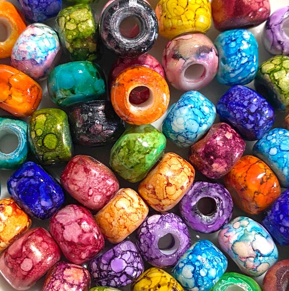 Rainbow Mix Crow Beads, 9mm Glass Pony Beads  50+pc, Multi-Color Marbled, Batik like finish, Handmade, Large hole