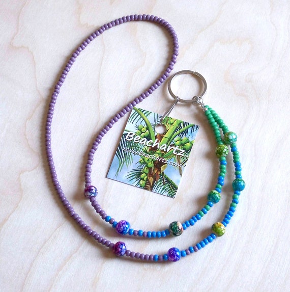 Boho Beaded Lanyard, Beach Lanyard, Boho Lanyard, Beaded I.D. Badge Holder, Multi Color Lanyard, Purple Blue Green Beaded Lanyard