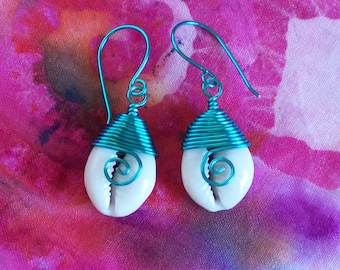 Wire Wrapped Cowrie Shell Earrings: Seafoam Green Beach Jewelry