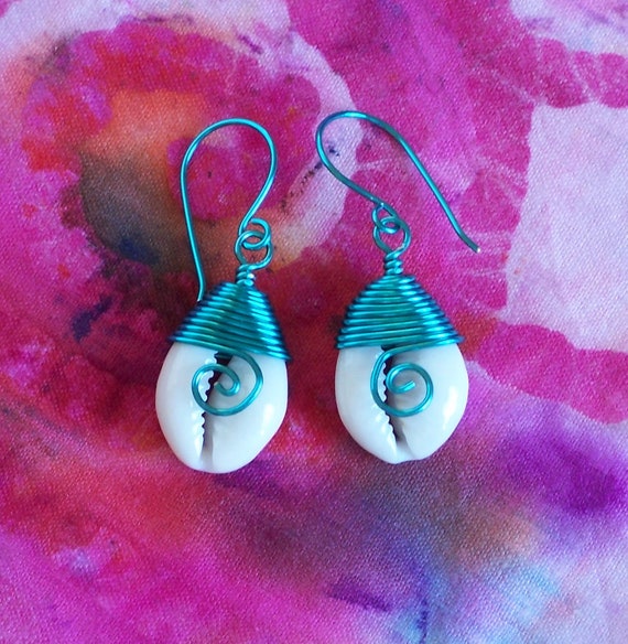 Wire Wrapped Cowrie Shell Earrings, Beach Cowrie Shell Earrings, Seafoam Green Shell Earrings