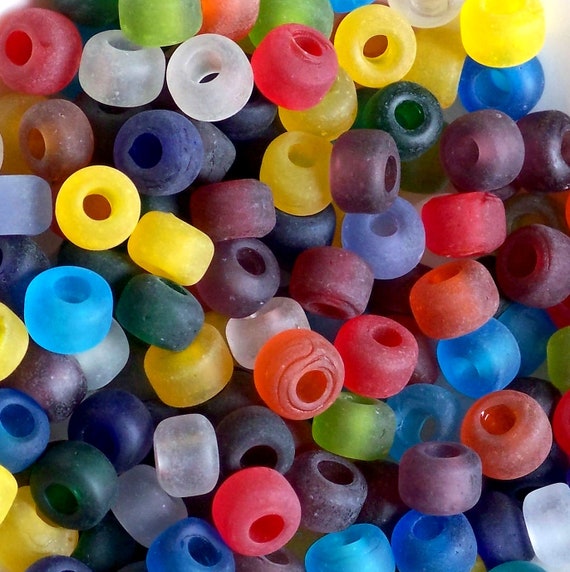 Rainbow Color Mix Glass Crow Beads, 9mm Pony Beads  50pc, Transparent Matte Beads