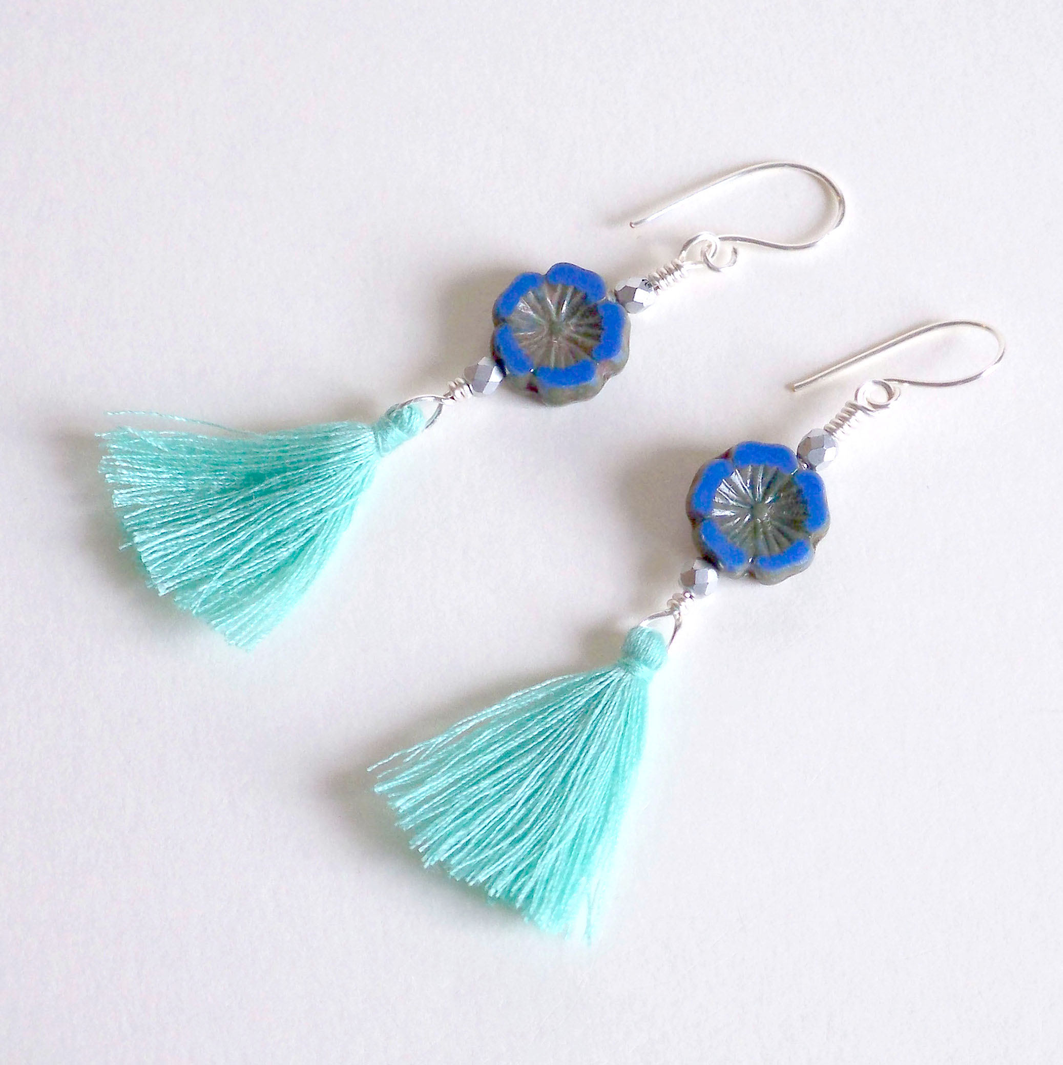 Boho Tassel Earrings, Hawaiian Flower Tassel Earrings, Blue Flower ...