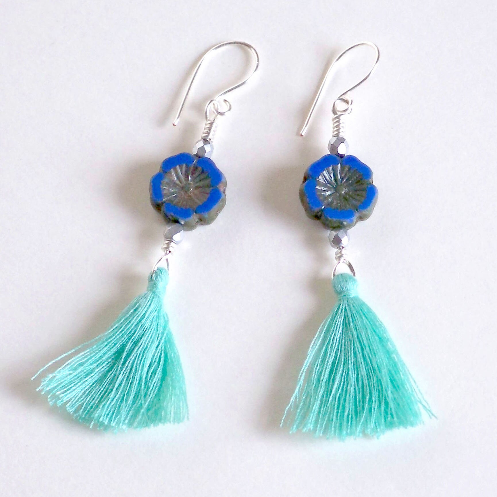 Boho Tassel Earrings, Hawaiian Flower Tassel Earrings, Blue Flower ...