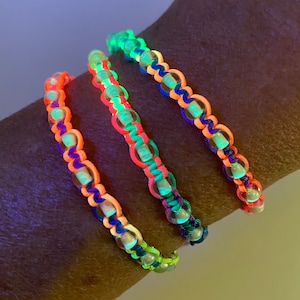 Neon Rainbow Macrame Bracelet: Glow in Dark Czech Beads, Adjustable