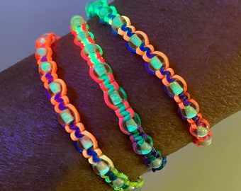 Neon Rainbow Macrame Bracelet: Glow in Dark Czech Beads, Adjustable