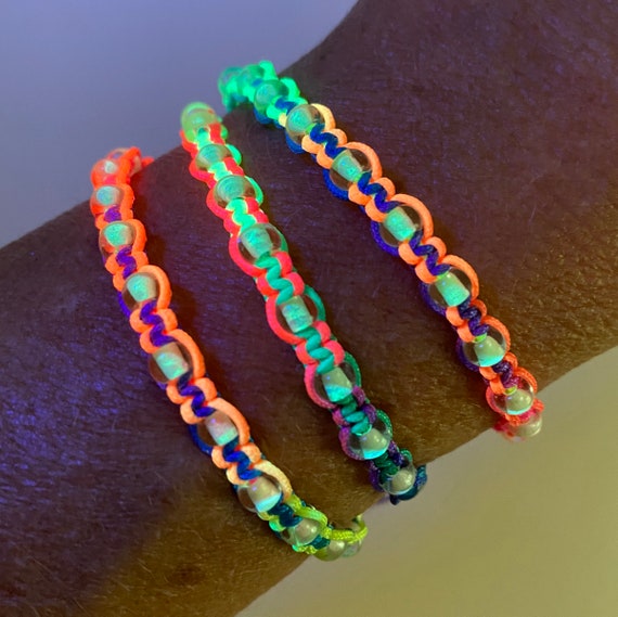 Rainbow Neon Macrame Bracelet with Glow in the Dark Czech Beads, Adjustable Size