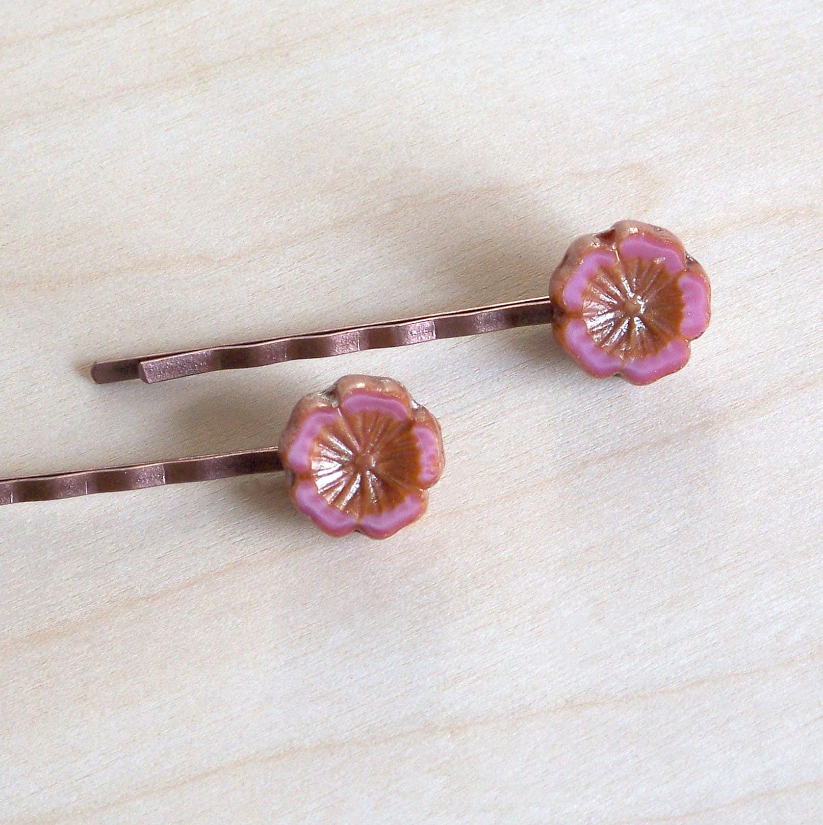 Pink Flower Boho Beach Hair Pins, Pink and Copper Bobby Pins, Boho Hair