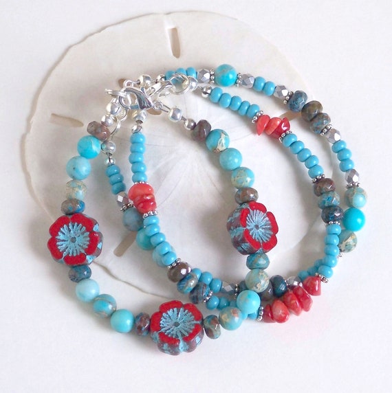 Beaded Stacking Bracelets, Boho Beach Bracelet Set, Blue Sky Collection, Red Coral Blue Jasper, Boho Gemstone Bracelets, Free Gift Box
