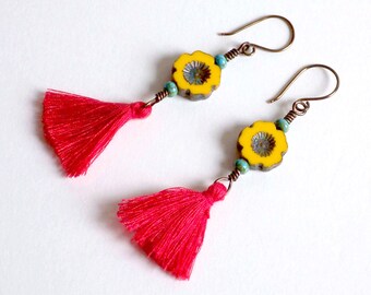 Boho Tassel Earrings: Yellow Flower, Red Tassels, Czech Glass