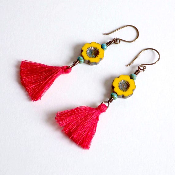 Boho Tassel Earrings, Hawaiian Flower Tassel Earrings, Yellow Flower Earrings, Beach Tassel Earrings